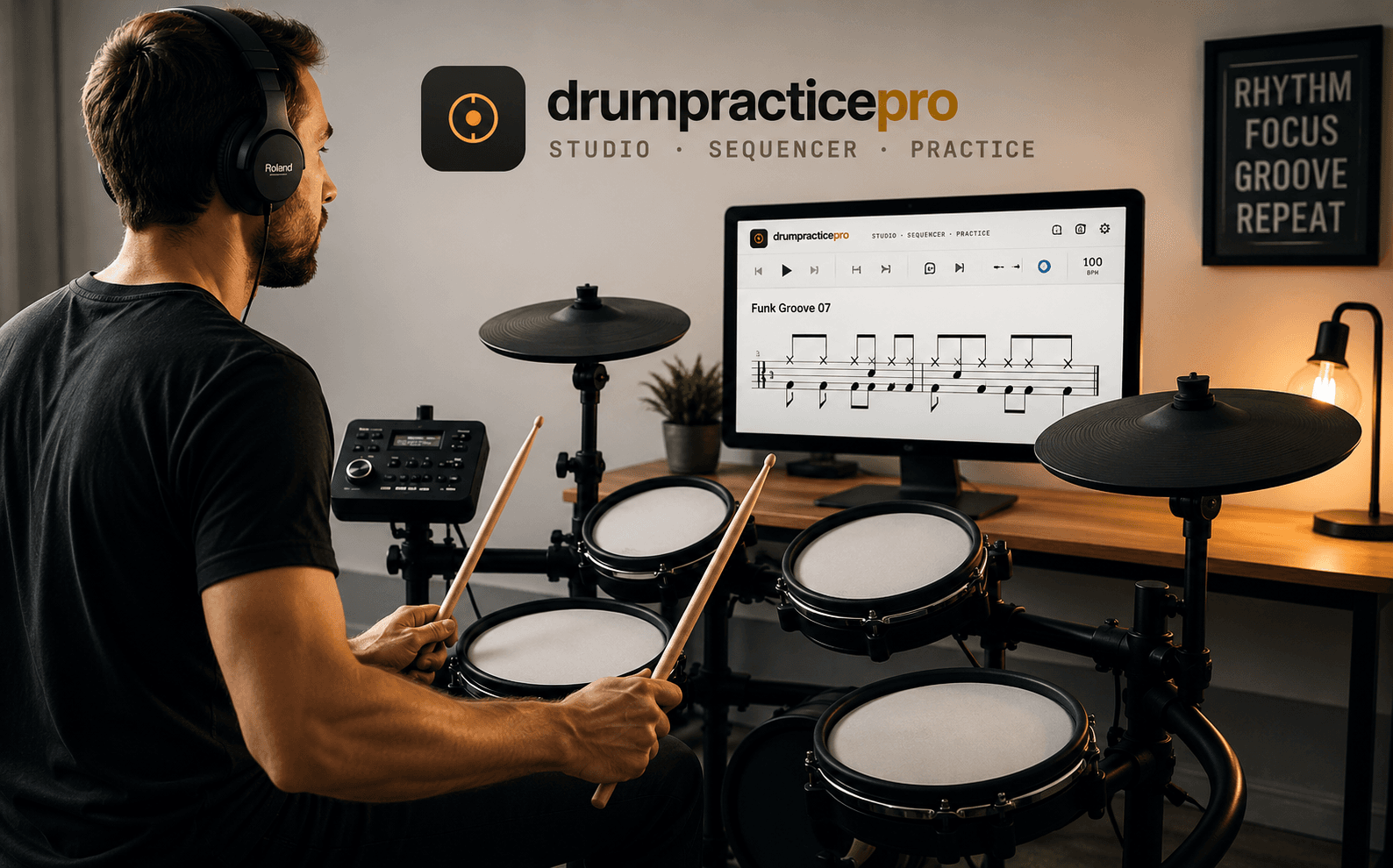 A man plays drums using the Drum Practice Pro app