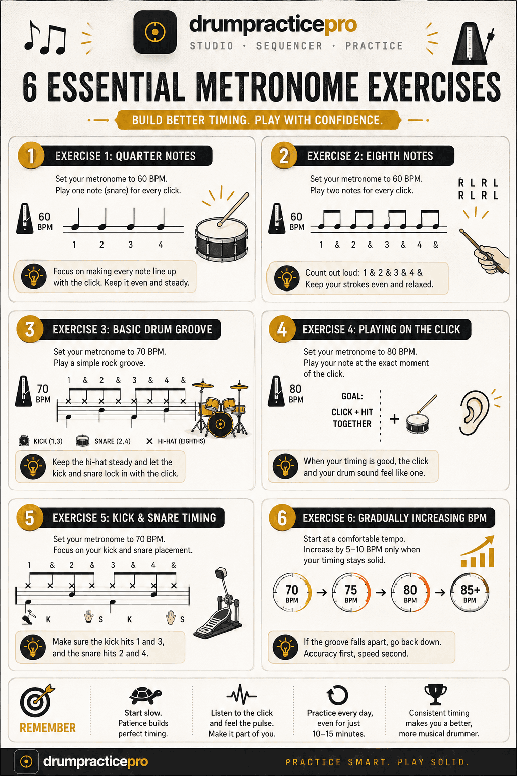 Infographic summarizing the six essential metronome exercises: quarter notes, eighth notes, a basic drum groove, playing on the click, kick and snare timing, and gradually increasing BPM, each with a tip for building better timing